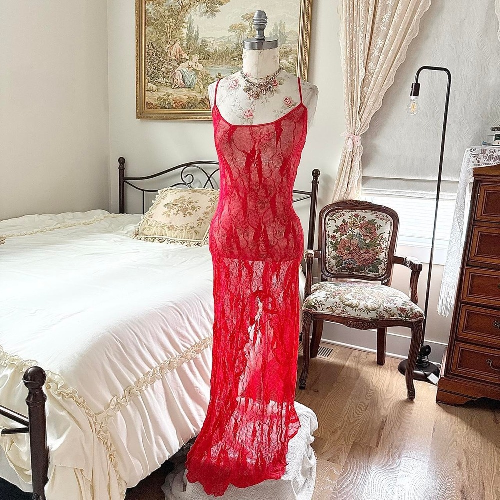 red lace maxi dress Y2K Leg Avenue one size red lace maxi lingerie dress